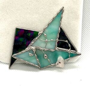 Vintage Brooch‎ Pin - Geometric Triangle Stained Glass Green Blue Abstract Art